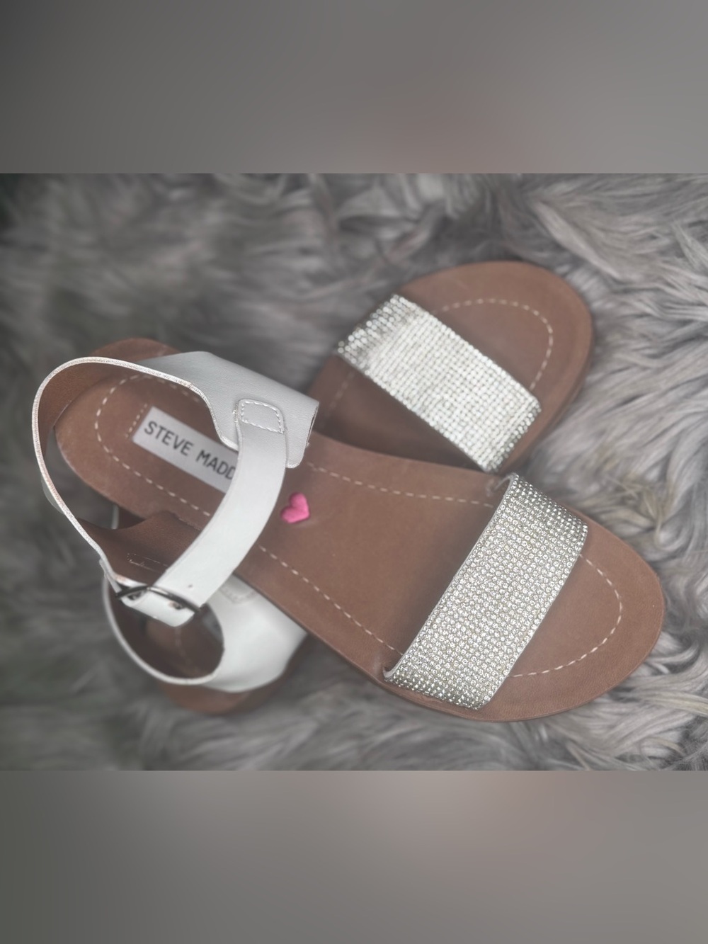 Steve Madden White Buckle Sandals with Brown Ribbed Soles